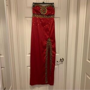 Women’s Dark Red Strapless Satin Gown, Red and Gold
